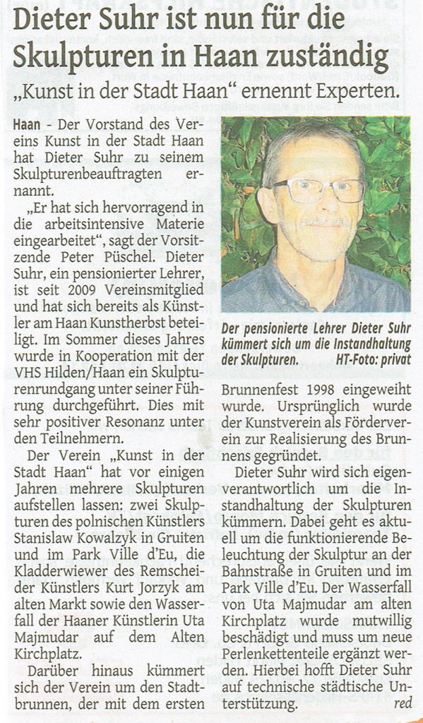 Dieter Suhr ist nun für die Skulpturen in Haan verantwortlich